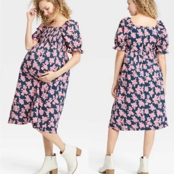The Nines by Hatch Smocked Floral Puff Sleeve Maternity Midi Dress - Picture 1 of 10